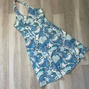 Vintage Y2K Dress halter abstract swirl midi womens Blue (size 10) funky fitted